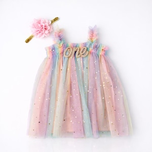 One Pastel Rainbow Tutu Tulle Dress, 1st Birthday Girl Rainbow Gold Star Outfit with Floral Headband, Cake Smash image 2