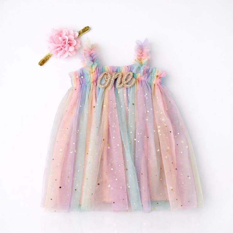 One Pastel Rainbow Tutu Tulle Dress, 1st Birthday Girl Rainbow Gold Star Outfit with Floral Headband, Cake Smash image 2