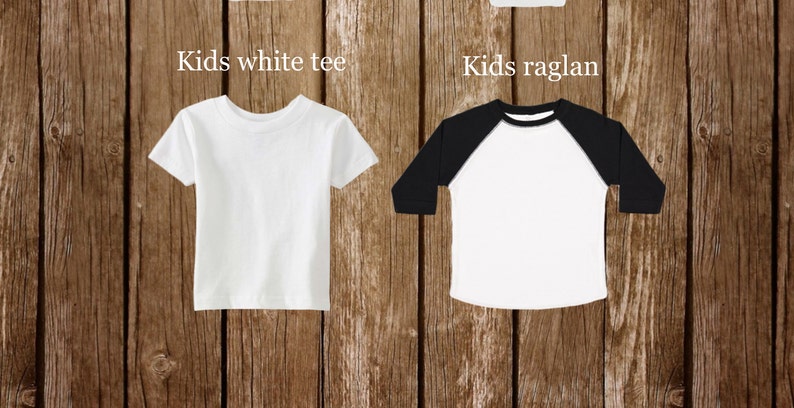 May include: Two blank kids' t-shirts, one white with short sleeves and one white with black raglan sleeves. The text "Kids white tee" is above the white t-shirt and "Kids raglan" is above the raglan t-shirt.