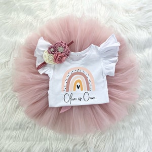 Personalized Boho Rainbow 1st Birthday Girl Mauve Rose Gold Tutu Outfit, Vintage Rose Onesie®, Cake Smash, Floral Headband, Summer Birthday