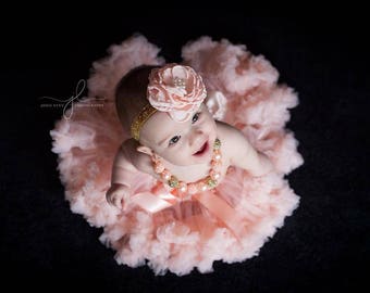 First Birthday Outfit Baby Girl Peach & Gold Girl One Tutu Pettiskirt Outfit Cake Smash Shirt Onesie® Bodysuit Headband Bubblegum Necklace