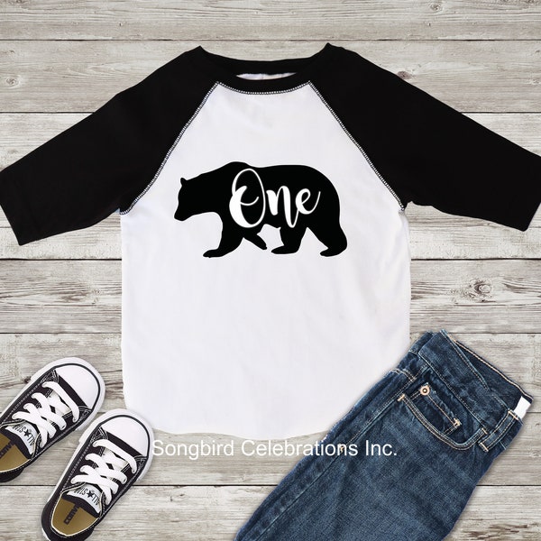 Bear First Birthday Boy Shirt 1st Birthday Wild One Word 1 Shirt Baseball Style Raglan Jersey Personalized Name and Number on Back