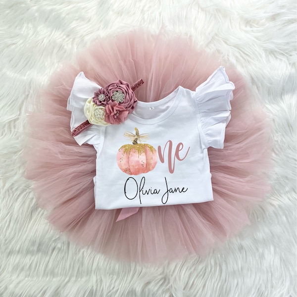 Pumpkin Fall 1st Birthday Girl Mauve Rose Gold Tutu Outfit, Vintage Rose Onesie®, Burgundy Outfit Cake Smash Floral Headband