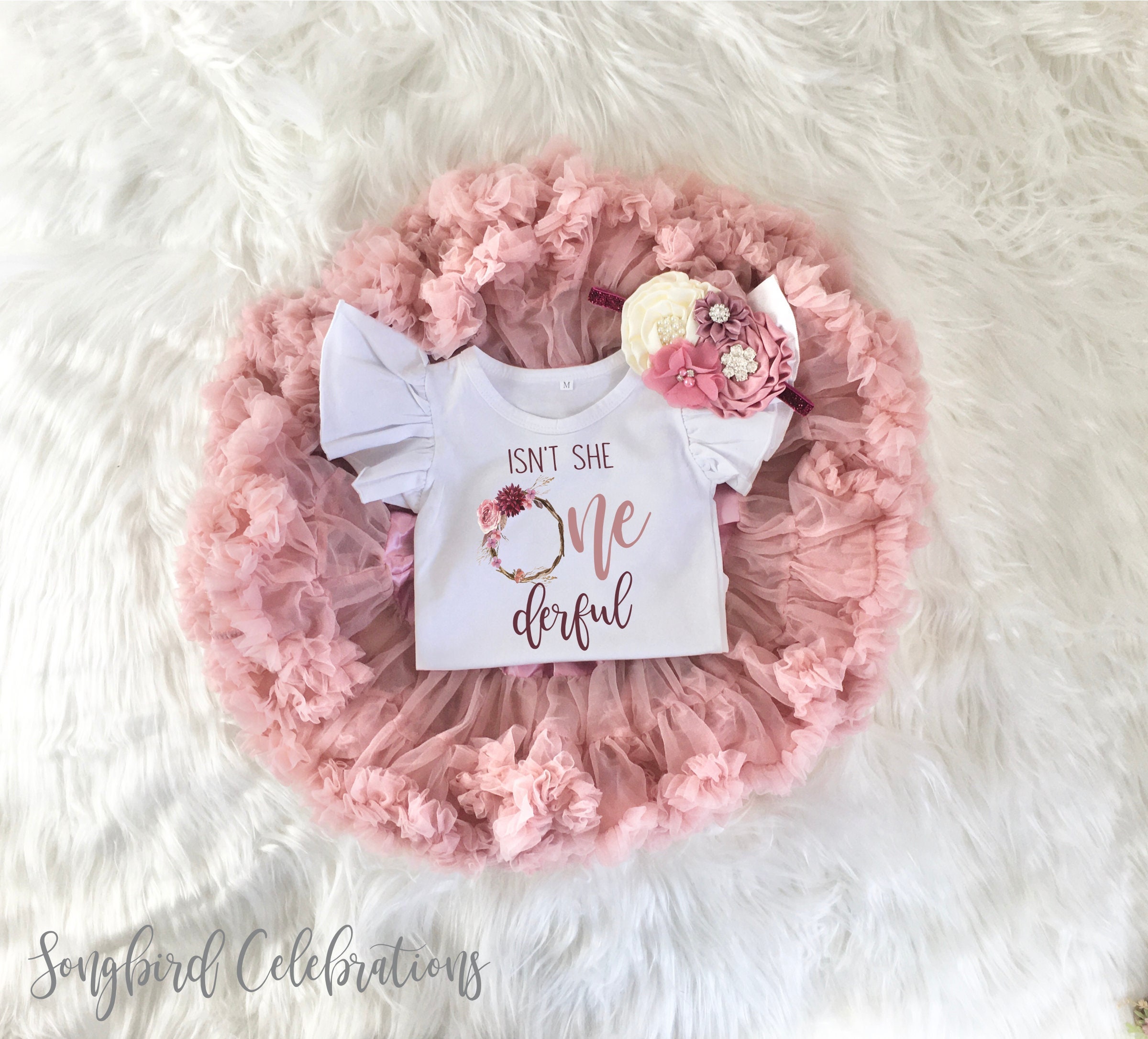Isn't She Onederful Floral Wreath 1st Birthday Girl Mauve Rose Gold Tutu Outfit, Vintage Rose Onesie, Pettiskirt Cake Smash