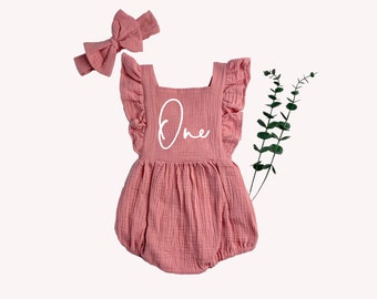 Dusty Rose Natural Cotton Muslin Romper 1st Birthday Girl Outfit, One Birthday Set Girl, Cake Smash Outfit