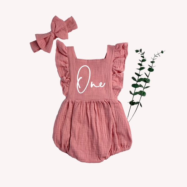 Dusty Rose Natural Cotton Muslin Romper 1st Birthday Girl Outfit, One Birthday Set Girl, Cake Smash Outfit