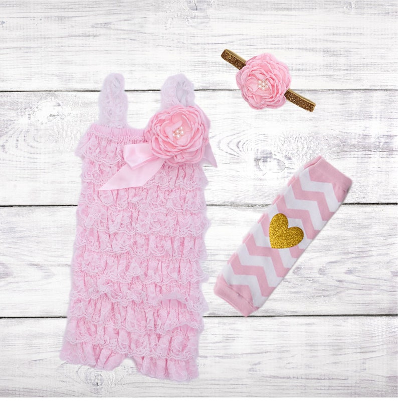 Pink & Gold Lace Romper 1st Birthday Girl Outfit Baby Headband Etsy
