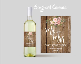 Mr & Mrs Personalized Wedding Wine Labels Champagne Labels Bottle Label Gift Label Watercolor Floral Rustic Wood Actual Labels
