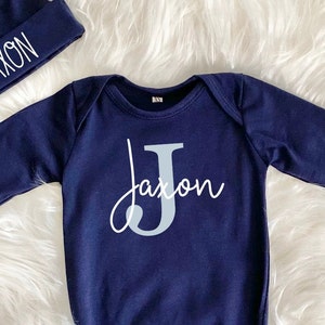 Personalized Knotted Baby Gown With Name, Navy Blue Gown Boy Baby Shower Gift, Coming Home Outfit Hospital Outfit, Newborn Gift for New Mom image 8