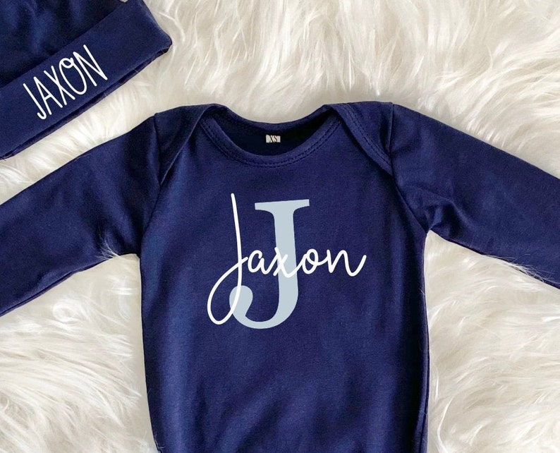 Personalized Knotted Baby Gown With Name, Navy Blue Gown Boy Baby Shower Gift, Coming Home Outfit Hospital Outfit, Newborn Gift for New Mom image 8