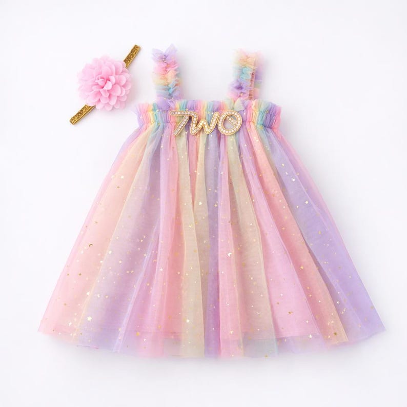 Two Pastel Rainbow Tutu Tulle Dress, 2nd Birthday Girl Rainbow Gold Star Outfit with Floral Headband, Cake Smash image 2