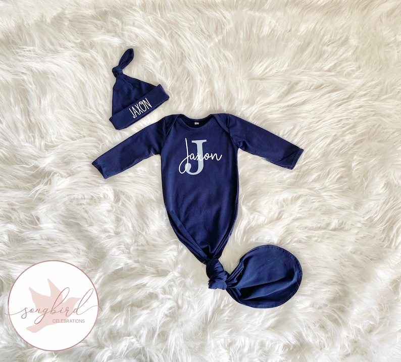 Personalized Knotted Baby Gown With Name, Navy Blue Gown Boy Baby Shower Gift, Coming Home Outfit Hospital Outfit, Newborn Gift for New Mom image 6