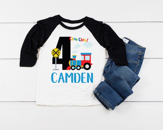 4th Birthday Boy Train Shirt, Fourth Birthday Boy Shirt 4 Four Choo Choo Train Shirt Baseball Style Raglan Personalized with Name