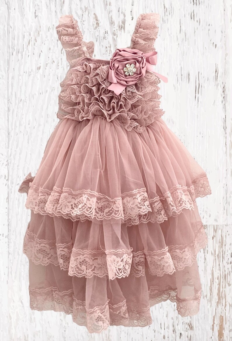 Vintage Rose Long Lace Flower Girl Dress Mauve Boho Flower Etsy Canada