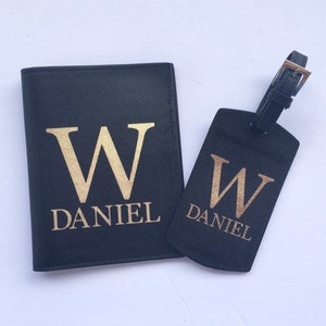 Leather Luggage Tag Passport Cover Fathers Day Gift Saffiano Leather Black Gold Personalized Gift Initials Gift for Dad