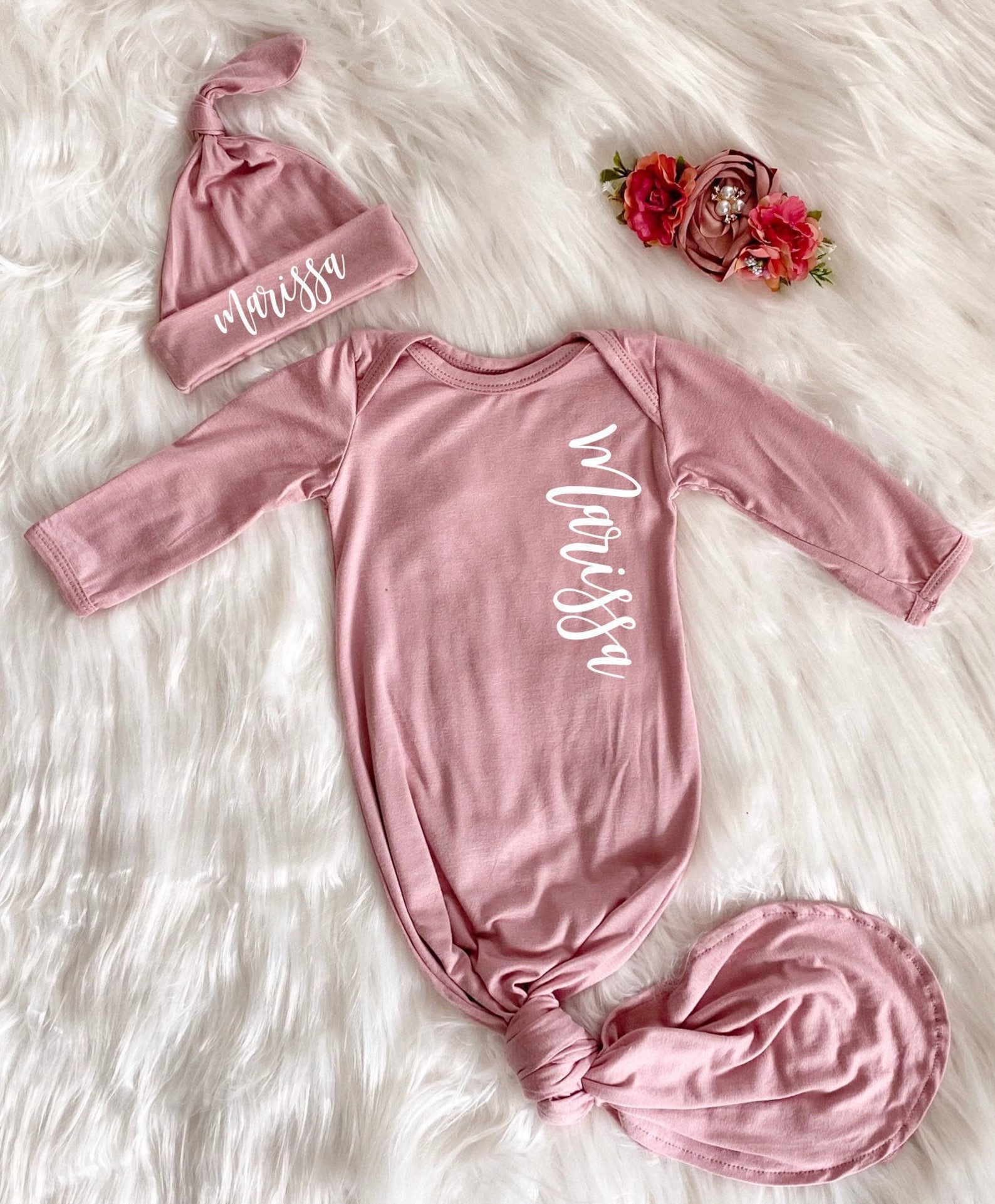 Personalized Knotted Baby Gown With Name Mauve Vintage Rose Etsy