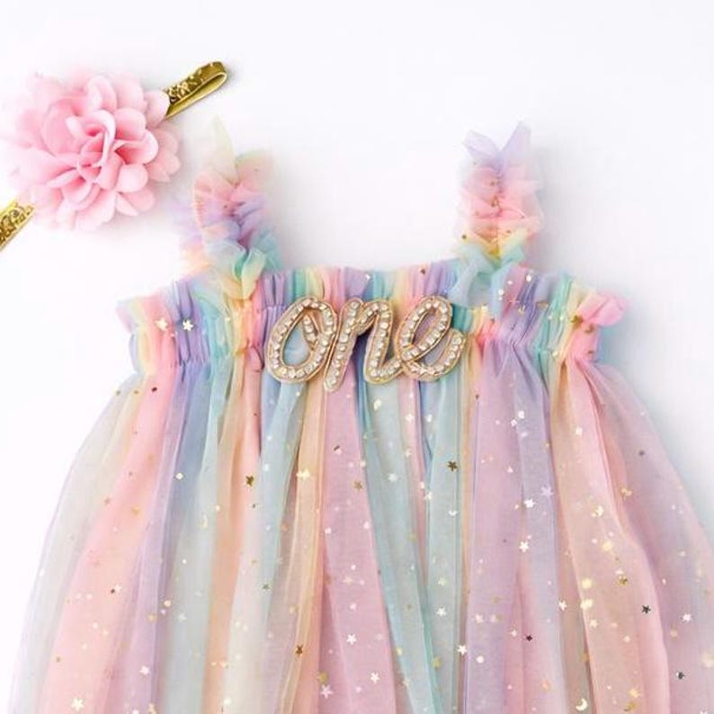 One Pastel Rainbow Tutu Tulle Dress, 1st Birthday Girl Rainbow Gold Star Outfit with Floral Headband, Cake Smash image 4