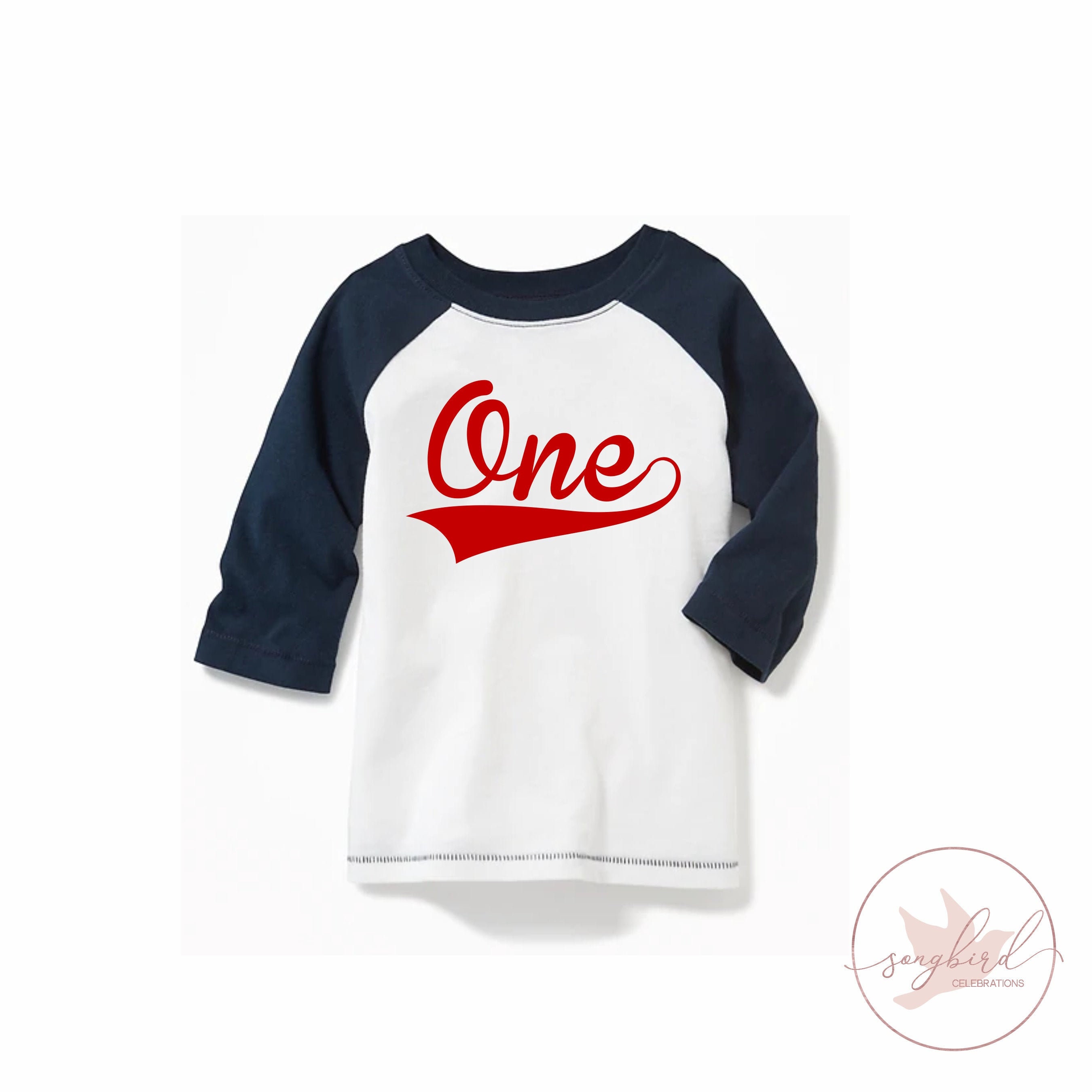 First Birthday Boy Baseball Shirt 1st Birthday Boy Shirt One, 1 Shirt Red Navy Baseball Style Raglan Personalized Name and Number on Back