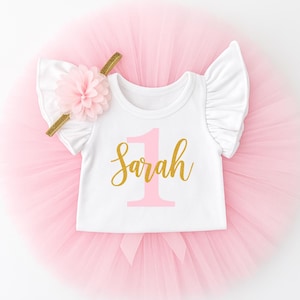 Tenue tutu premier anniversaire fille, Onesie® 1er anniversaire à paillettes roses et dorées, Body justaucorps bébé fille, tenue Cake Smash pour bébé fille