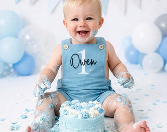 Embroidered Personalized Blue Corduroy Romper 1st Birthday Boy Outfit Cake Smash Outfit