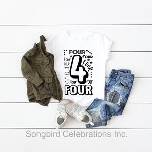 4th Birthday Boy Shirt Fourth Birthday Boy T Shirt Four Word 4 Shirt Baseball Style Raglan Jersey Personalized Name and Number on Back