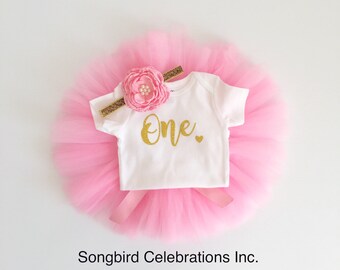 1st Birthday Outfit Girl One Tutu Outfit First Birthday Onesie® Outfit Girl Cake Smash Shirt Pink and Gold Bodysuit Headband Photo Prop