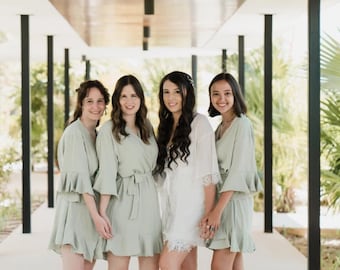 Sage Green Ruffle Bridesmaid Robes, Mauve Ruffle Bridal Party Robes, White Flutter Bride Robe, Bridesmaid Proposal, Maid of Honor Proposal