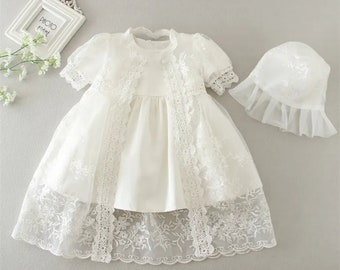 Baby Girl Christening Dress, Baby Girls White Lace Baptism Gown, Long Lace Baby Girls Gown Outfit with Bonnet, Girls Lace Baptism Dresses