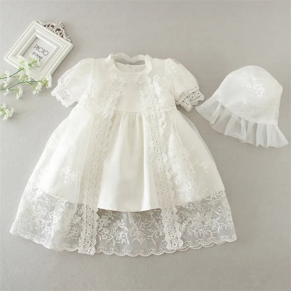Baby Girl Christening Dress, Baby Girls White Lace Baptism Gown, Long Lace Baby Girls Gown Outfit with Bonnet, Girls Lace Baptism Dresses