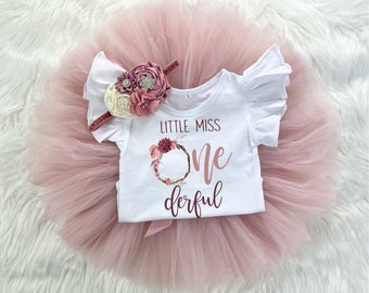 Little Miss Onederful Floral Wreath 1st Birthday Girl Mauve Rose Gold Tutu Outfit, Vintage Rose Onesie®, Cake Smash Shirt Set