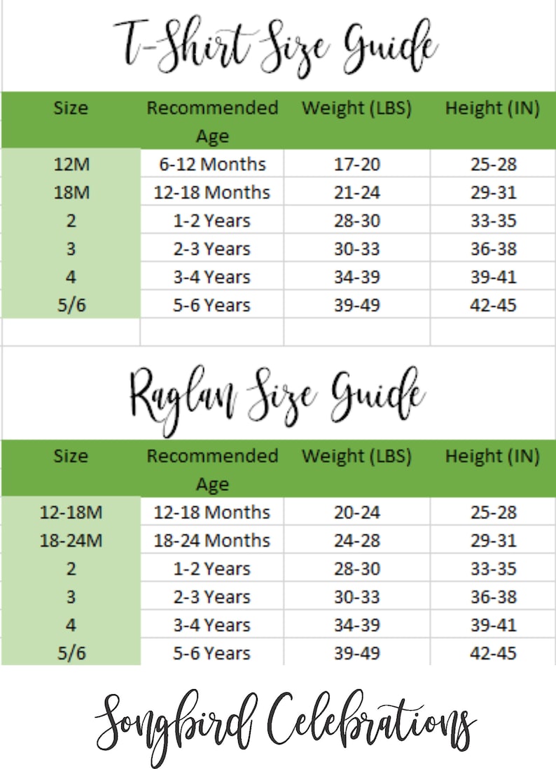 May include: A green and white chart with the title "T-Shirt Size Guide" and "Raglan Size Guide". The chart lists recommended sizes for children's clothing based on age, weight in pounds, and height in inches.