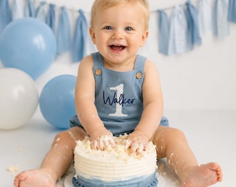 Embroidered Personalized Blue Corduroy Romper 1st Birthday Boy Outfit Cake Smash Outfit