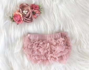 NEWBORN Outfit for Photoshoot Newborn Photography Pink Ruffle Bum Bloomers, Layered Flower Headband, Navy Blue, Grey and Pink, Peach, Mauve