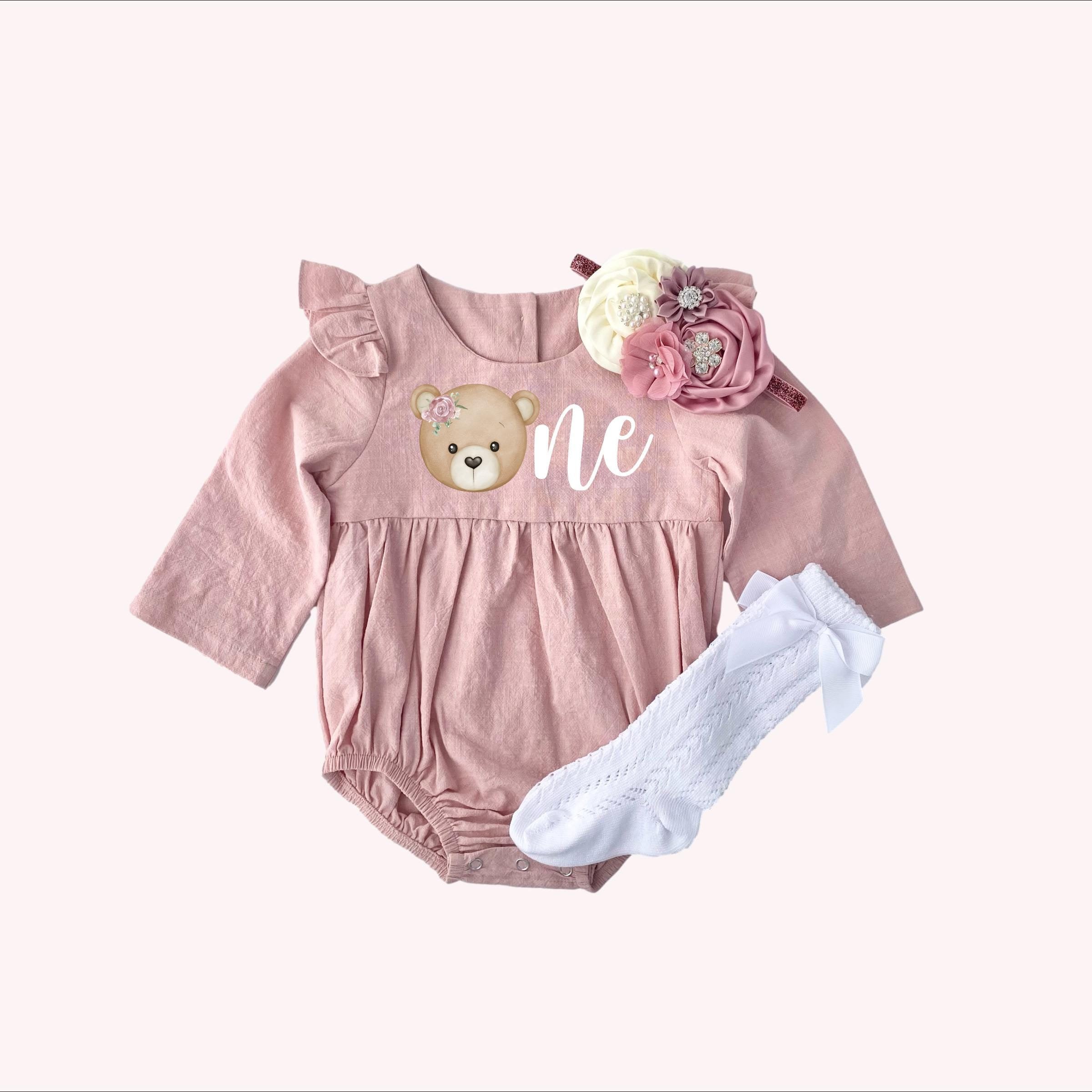 ONE Teddy Bear Blush Pink Long Sleeve Blush Cotton Muslin Romper Baby ...