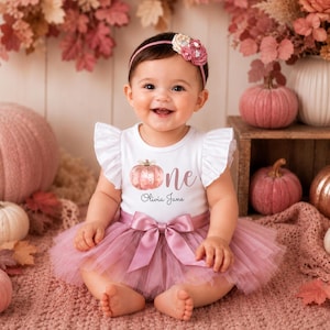 Conjunto de tutú color malva y oro rosa para niña, ideal para su primer cumpleaños en otoño. Conjunto para sesión de fotos con pastel en rosa empolvado. Diadema floral.
