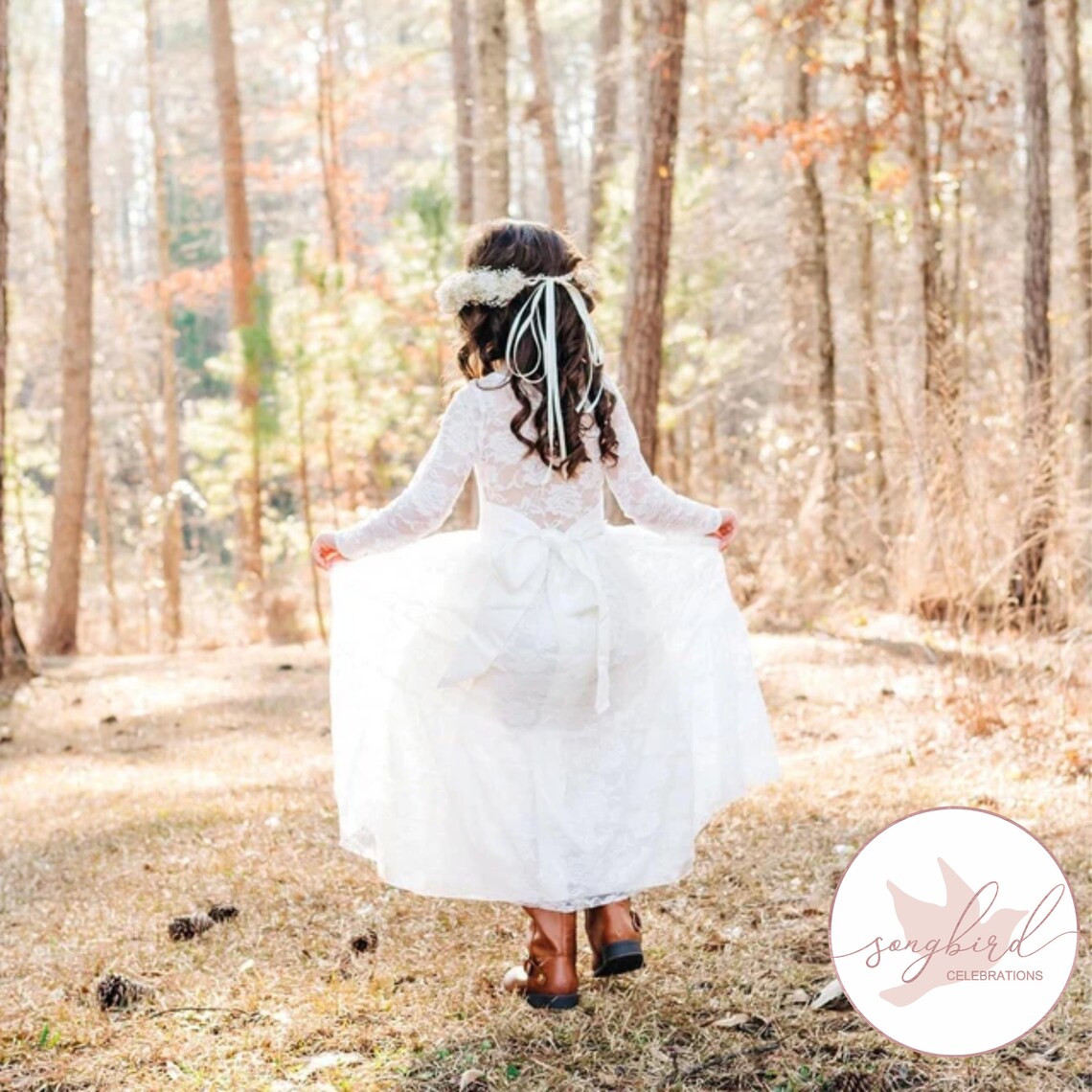 Long Sleeve Lace Flower Girl Dress Boho Flower Girl Dress | Etsy