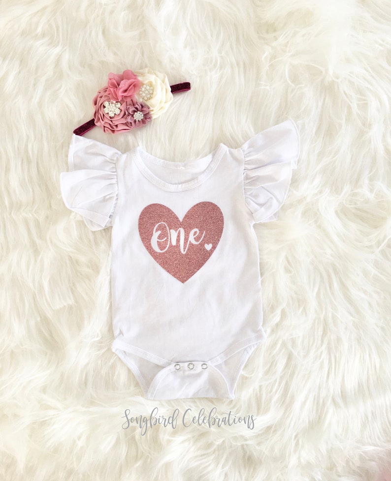 Personalized One with heart - Birthday Outfit - Vintage Pink and Rose Gold Glitter