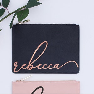 Pochette personnalisée en cuir véritable, cuir Saffiano rose poudré, cadeau personnalisé or rose, cadeau de Noël pour elle, fête des mères