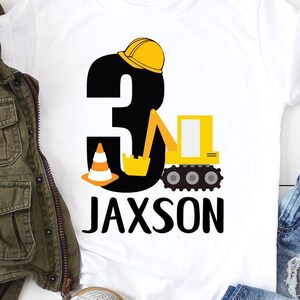 3rd Birthday Boy Construction Shirt Third Birthday Boy Shirt Three Word 3 Excavator Shirt Baseball Style Raglan Personalized with Name image 4