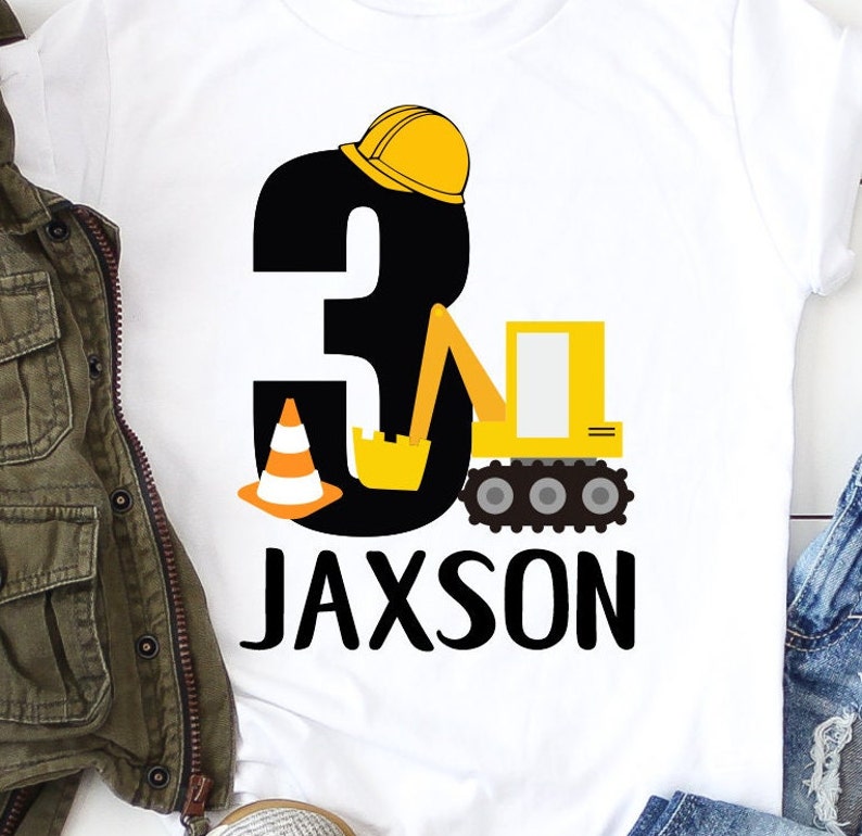 3rd Birthday Boy Construction Shirt Third Birthday Boy Shirt Three Word 3 Excavator Shirt Baseball Style Raglan Personalized with Name image 4