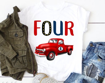 Vintage Red Truck 4th Birthday Boy Shirt, Four Birthday Boys Baseball Raglan, Fourth Birthday Truck Party, Personalized with Name and Number
