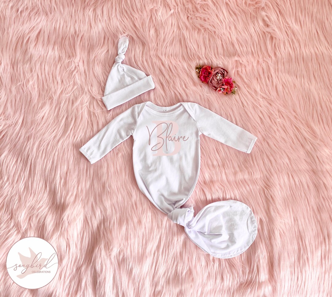 Personalized Knotted Baby Gown With Name, White Blush Pink Mauve Gown ...