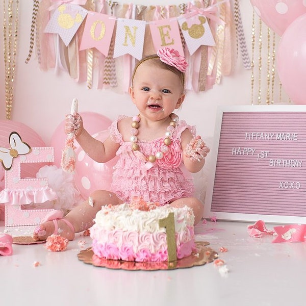 Pink & Gold Lace Romper 1st Birthday Girl Outfit Baby Headband Flower Girl Cake Smash Photo Prop Leg Warmers
