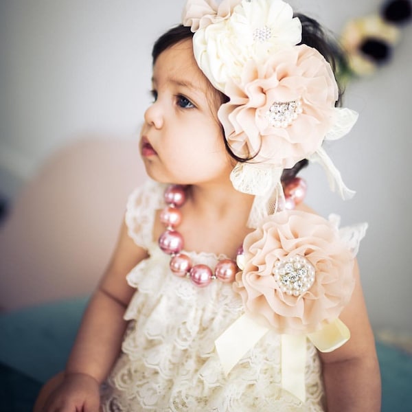 Ivory Lace Romper 1st Birthday Girl Outfit Baby Headband Flower Girl Cake Smash Easter Outfit Baby Girl Vintage Style Heritage Collection