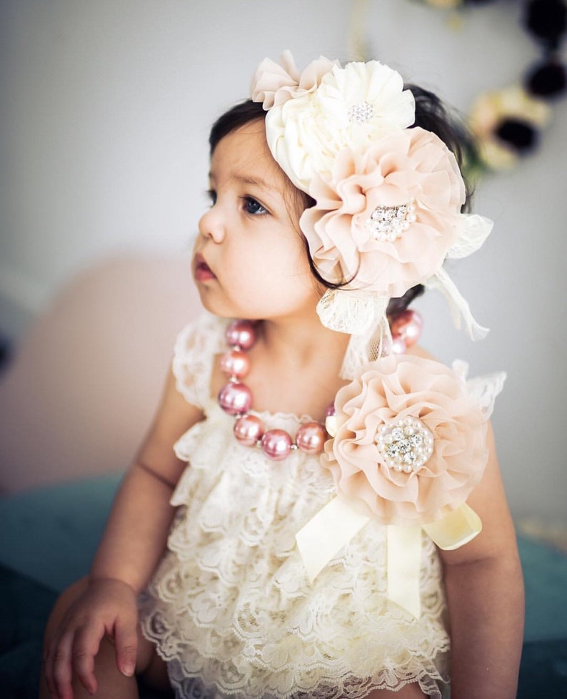 Ivory Lace Romper 1st Birthday Girl Outfit Baby Headband Etsy Canada