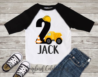 2nd Birthday Boy Construction Shirt Second Birthday Boy Shirt Two Word 2 Dump Truck Shirt Baseball Style Raglan Personalized with Name