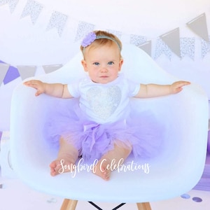 1st Birthday Outfit Girl One Tutu Outfit Cake Smash Shirt Purple and Silver Glitter Onesie® Bodysuit Headband Photo Prop Lavender