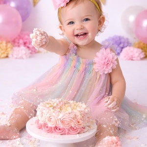 Two Pastel Rainbow Tutu Tulle Dress, 2nd Birthday Girl Rainbow Gold Star Outfit with Floral Headband, Cake Smash image 3