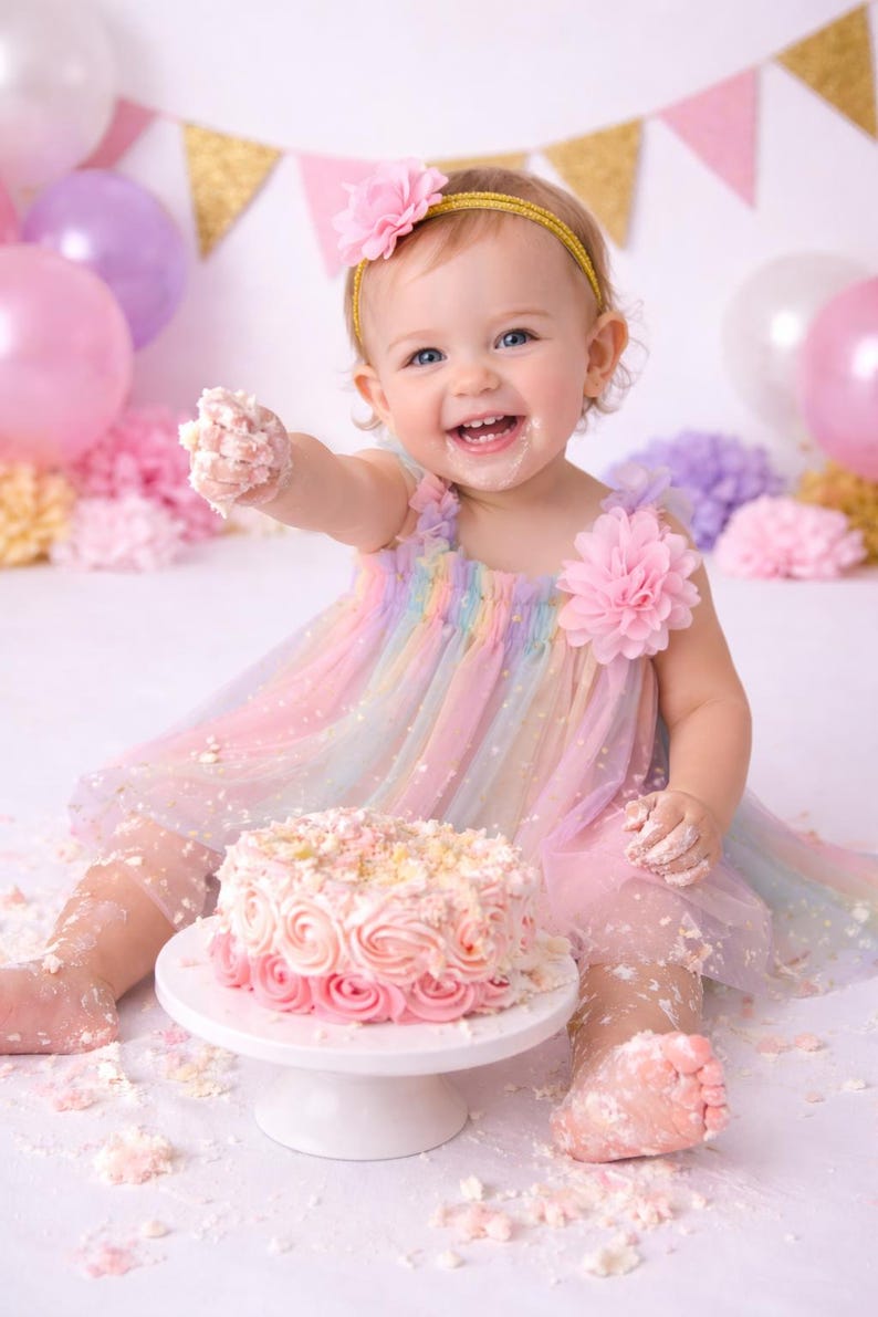 Two Pastel Rainbow Tutu Tulle Dress, 2nd Birthday Girl Rainbow Gold Star Outfit with Floral Headband, Cake Smash image 3
