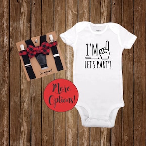 I'm 1 Let's Party Buffalo Plaid Bow Tie Suspenders 1st First Birthday Outfit Boy Lumberjack Party Red Black White Onesie® Cake Smash Boy image 3
